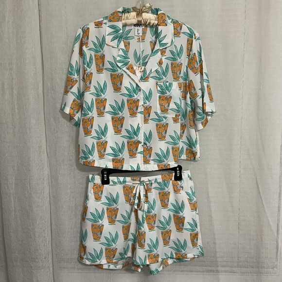 Bouffants & Broken Hearts L White Teal Orange Lemonade Print PJ Short Set - Picture 7 of 16